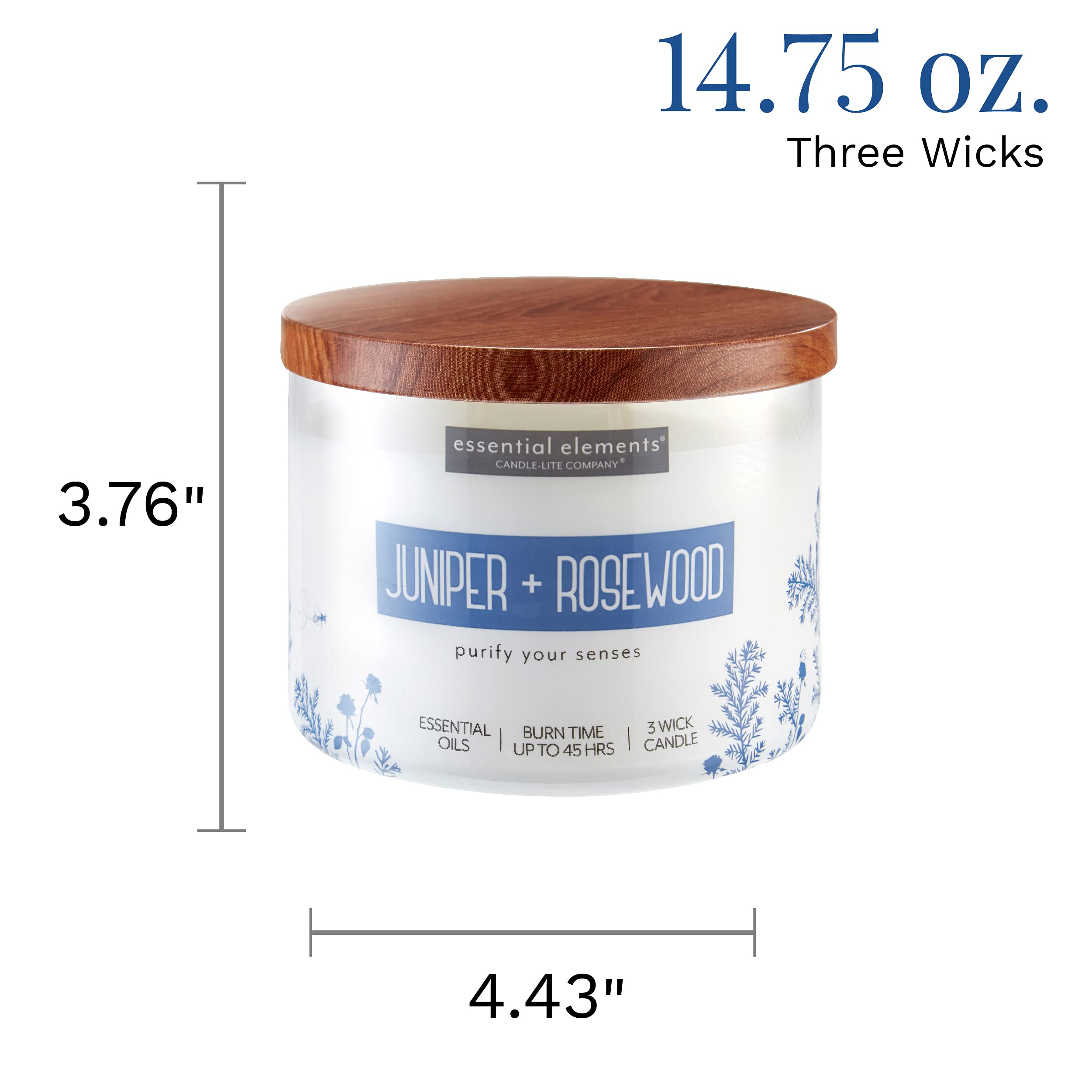 Essential Elements by Candle-lite Scented Candles, Juniper and Rosewood Fragrance, One 14.75 oz. Three-Wick Aromatherapy Candle